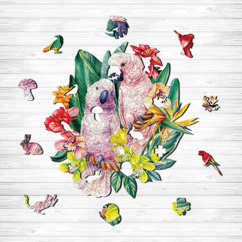Floral Pink Parrots Wooden Jigsaw Puzzle - aimpuzzle