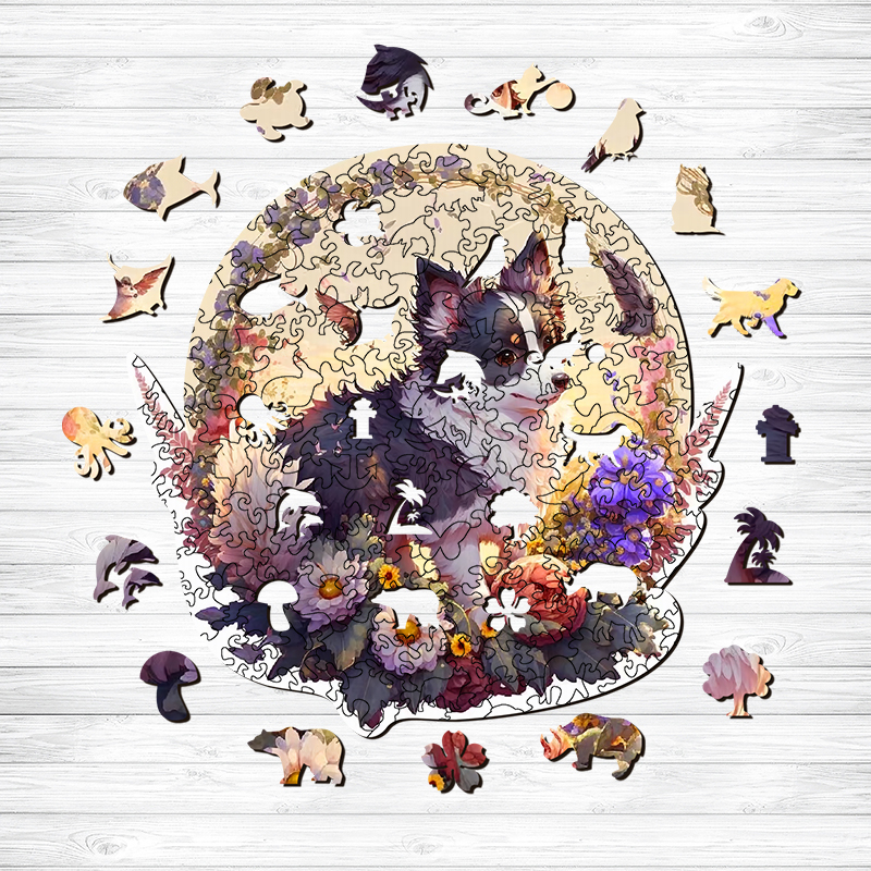 Smiling Flowered Corgi Wooden Jigsaw Puzzle - aimpuzzle