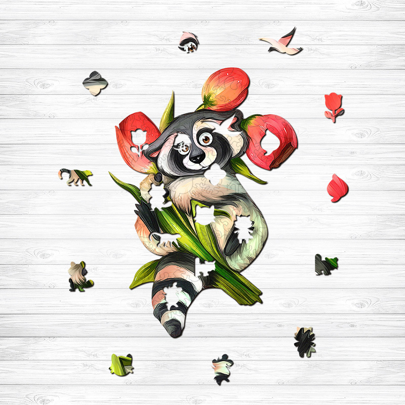 Raccoons and Tulips Wooden Jigsaw Puzzle - aimpuzzle