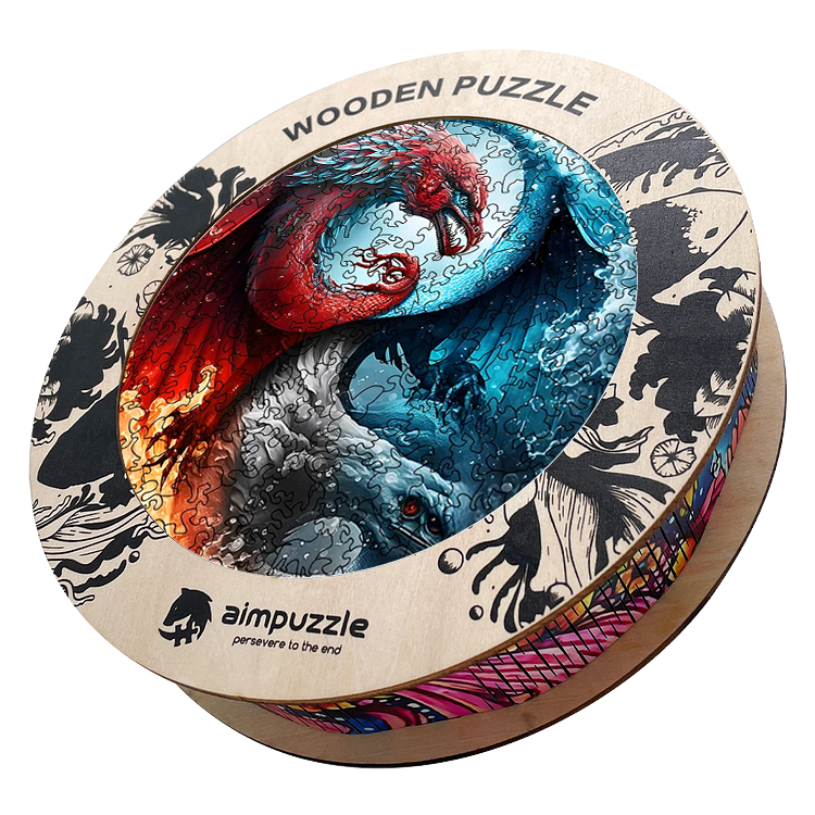 Courageous Red And Blue Dragon Yin yang Wooden Jigsaw Puzzle - aimpuzzle